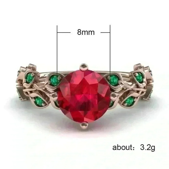NEW Beautiful 14k Rose Gold Over Silver Ruby Emerald Rose Ring - Picture 4 of 4